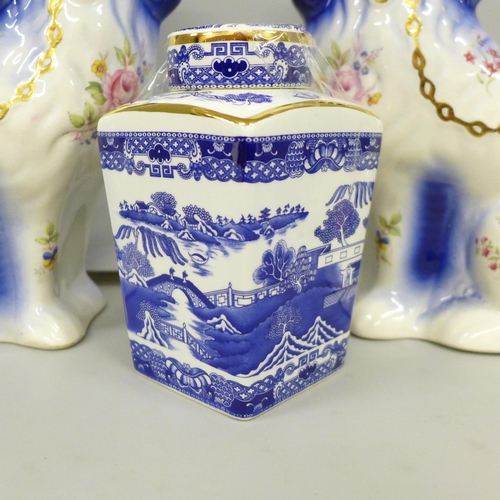 2003 - A pair of Staffordshire style dogs and a Ringtons Willow Pattern tea caddy