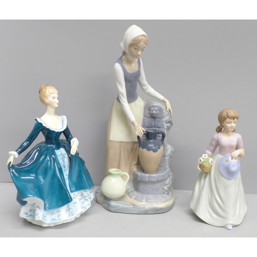 2007 - Three porcelain figures, Royal Doulton Janine, second quality, a large Nao figure and Sally by the R... 