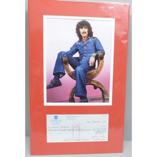 2008 - The Beatles, George Harrison Harrisongs Ltd. cheque, pay to Inland Revenue, mounted with picture