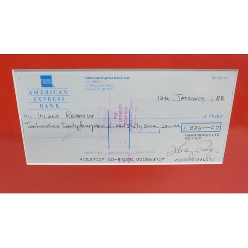 2008 - The Beatles, George Harrison Harrisongs Ltd. cheque, pay to Inland Revenue, mounted with picture