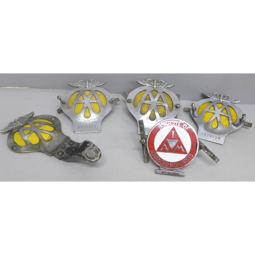 2012 - Four AA Automobile Association car badges and one Institute of Advanced Motorists I.A.M. car badge