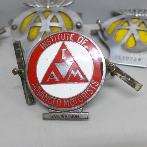 2012 - Four AA Automobile Association car badges and one Institute of Advanced Motorists I.A.M. car badge