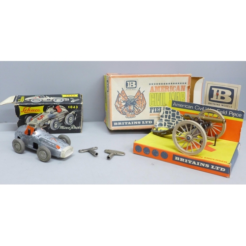 2018 - A Schuco 1043 Micro-racer, boxed, and a Britains Ltd. 9726 American Civil War field piece, boxed