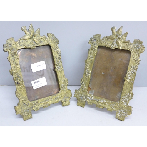 2020 - A pair of brass photograph frames with bird, flowers and lizard detail, circa 1920, possibly French,... 