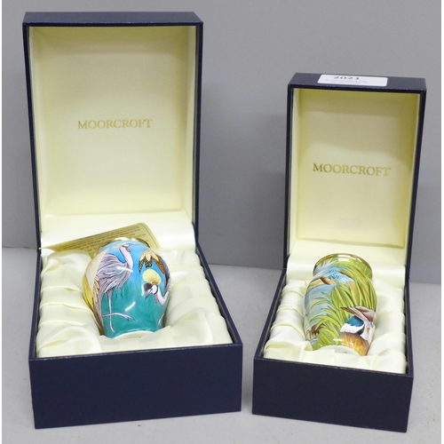 2021 - Two enamelled Moorcroft miniature vases, with mallard and crane detail, boxed