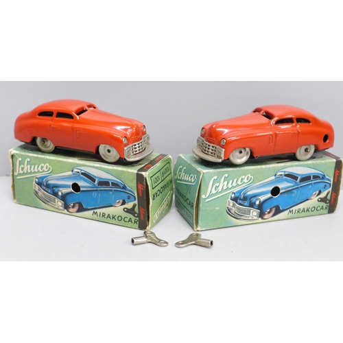 2027 - Two Schuco Mirakocar 1001 clockwork vehicles, boxed, made in U.S. Zone Germany, one with scratched n... 