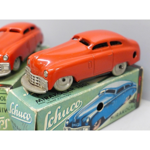 2027 - Two Schuco Mirakocar 1001 clockwork vehicles, boxed, made in U.S. Zone Germany, one with scratched n... 