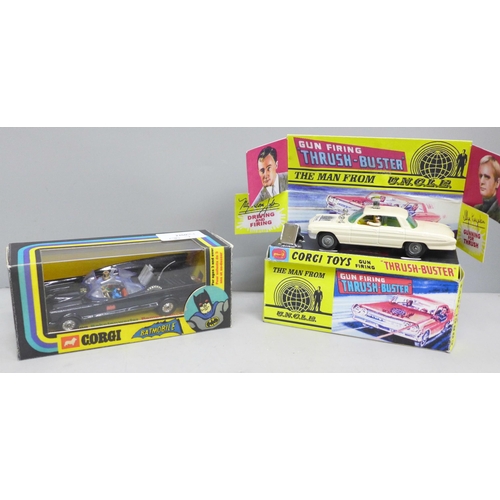 2037 - Two restored Corgi vehicles in reproduction boxes, Batmobile 267 and The Man from UNCLE Thrush-Buste... 