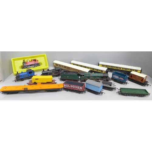 2051 - A collection of Hornby model rail including two locomotives, three carriages and wagons, also two ot... 