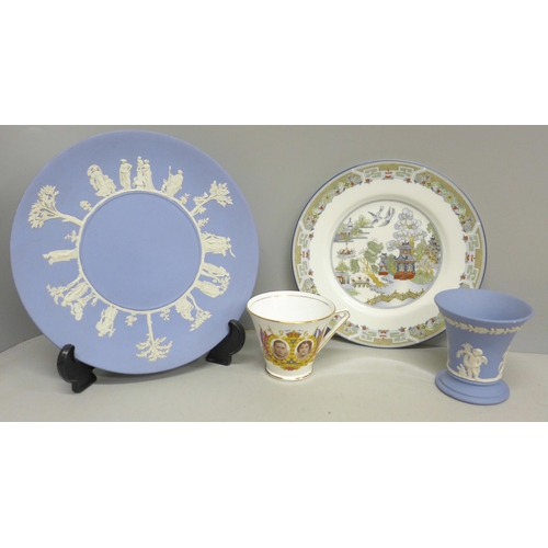 2056 - A Wedgwood Jasperware vase and plate, One other Wedgwood vase and a George VI Coronation cup and sau... 