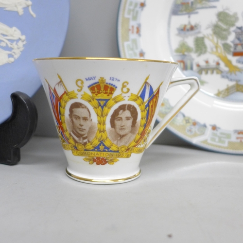 2056 - A Wedgwood Jasperware vase and plate, One other Wedgwood vase and a George VI Coronation cup and sau... 