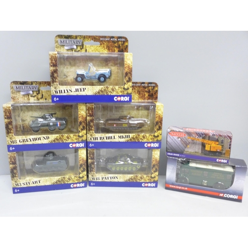 2059 - Five Corgi die-cast Military vehicles and two Corgi Trackside