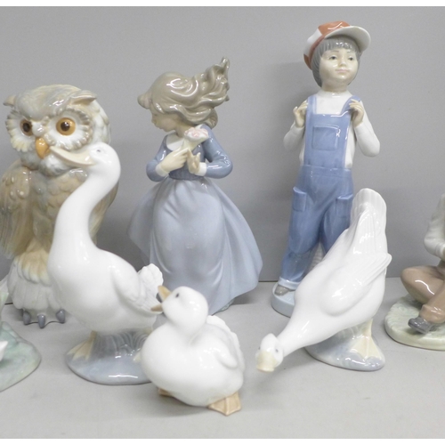 2069 - A collection of eight Nao and two Lladro figures, (two Lladro a/f)