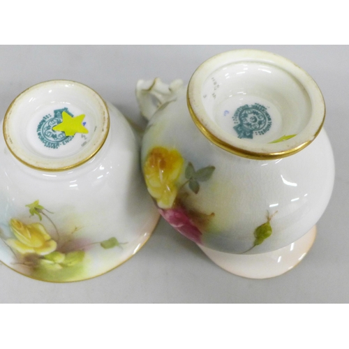 2091 - A Royal Worcester cream and sugar, decorated with roses, a Coalport vase and cover, green ground bas... 