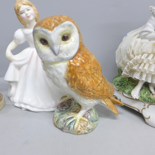 2093 - Five figures, Royal Doulton Amanda, a Beswick Owl, 2026, two Hummel and an Unter Weiss Bach figure g... 