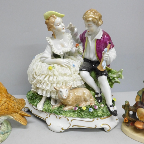 2093 - Five figures, Royal Doulton Amanda, a Beswick Owl, 2026, two Hummel and an Unter Weiss Bach figure g... 