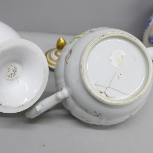 2095 - A Wedgwood Willow pattern tea pot, three other tea pots, two lacking lids and a/f, six jugs, four a/... 