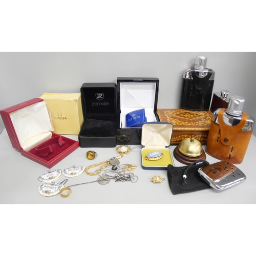 2103 - Three hip flasks, an Omega watch box with outer box, a jewellery box with costume jewellery, Zippo l... 