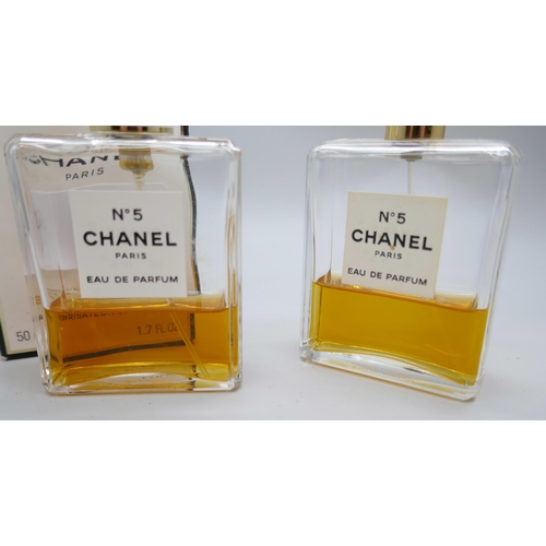 2192 - Two bottles of Chanel No.5 perfume one boxed, both used