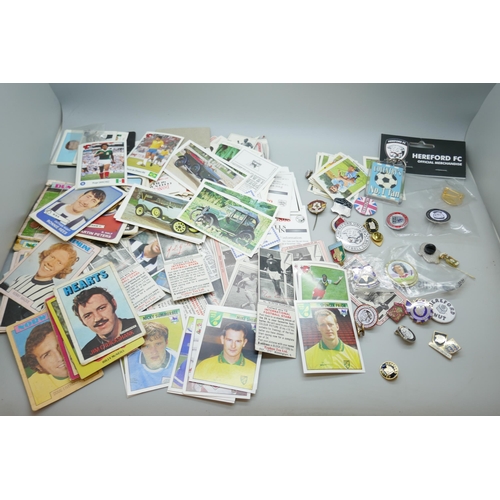 2193 - A collection of football cards and stickers, some autographed, together with enamelled badges