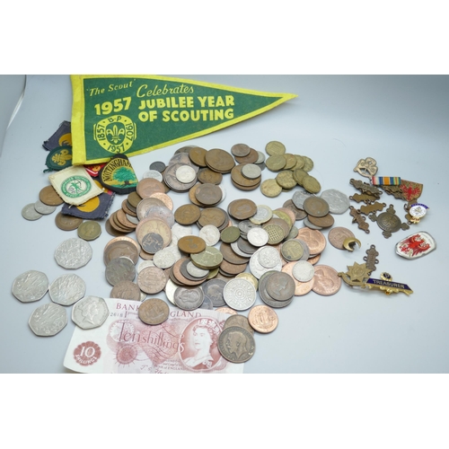 2198 - A collection of coins including collectable 50p coins and badges, Scouts Association uniform patches... 