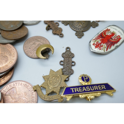 2198 - A collection of coins including collectable 50p coins and badges, Scouts Association uniform patches... 