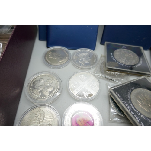 2202 - A collection of coins, commemorative crowns, £2 coins, three First Decimal coin sets, etc.