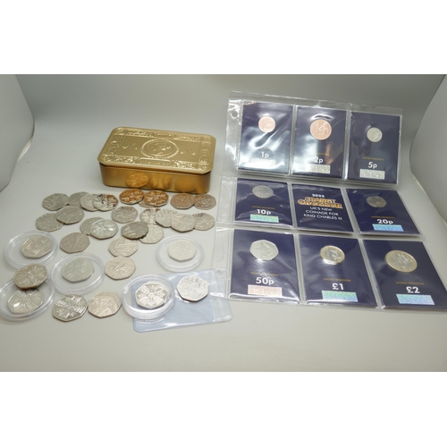 2205 - A collection of thirty-three 50p pieces including Olympics, Pride and Girl Guiding, eight change che... 