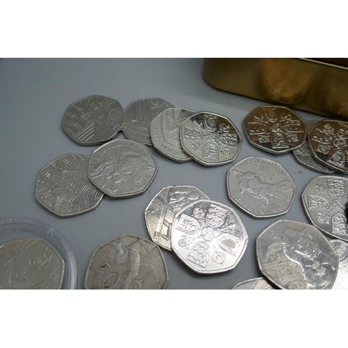 2205 - A collection of thirty-three 50p pieces including Olympics, Pride and Girl Guiding, eight change che... 