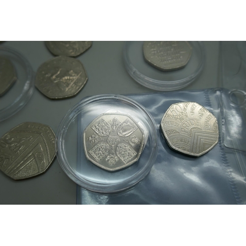 2205 - A collection of thirty-three 50p pieces including Olympics, Pride and Girl Guiding, eight change che... 