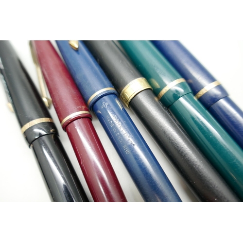 2214 - Six Parker fountain pens including two with 14ct gold nibs and a Cross fountain pen