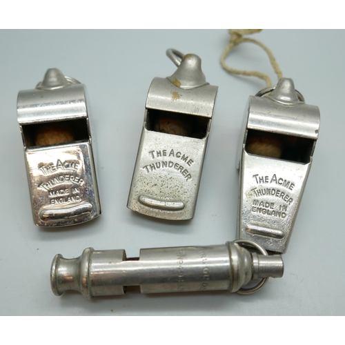 2221 - Four whistles, three Acme Thunderer and one Girl Guides