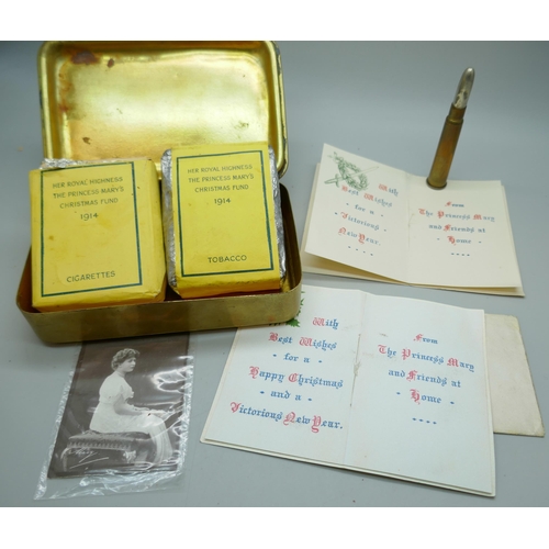 2224 - World War I, 1914 Princess Mary tin with two packets of tobacco, bullet pencil, Christmas card and p... 