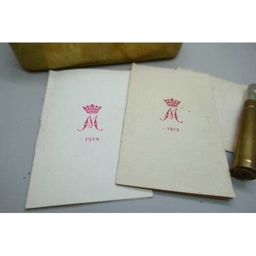 2224 - World War I, 1914 Princess Mary tin with two packets of tobacco, bullet pencil, Christmas card and p... 