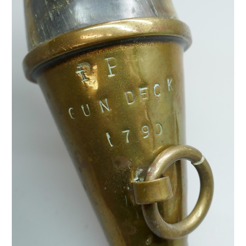 2227A - An 18th century Naval powder flask, brass and horn construction, stamped marks 'PP Gun Deck 1790'