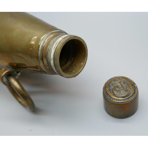 2227A - An 18th century Naval powder flask, brass and horn construction, stamped marks 'PP Gun Deck 1790'