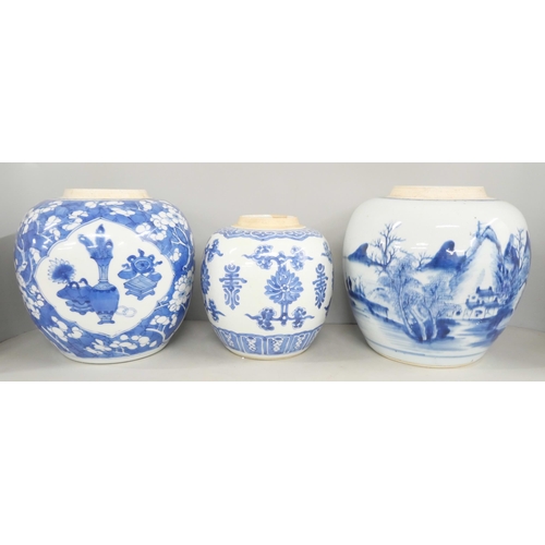 2244 - Three Chinese blue and white porcelain ginger jars, all lacking covers