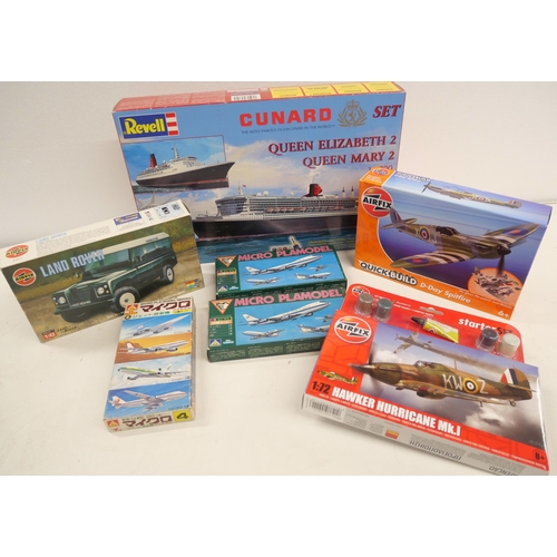 2322 - A collection of model kits including Airfix aircraft, Airfix Land Rover and Revell Cunard Set Queen ... 