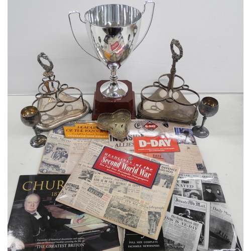 2325 - Two plated decanter stands, trophy and reproduction newspapers **PLEASE NOTE THIS LOT IS NOT ELIGIBL... 