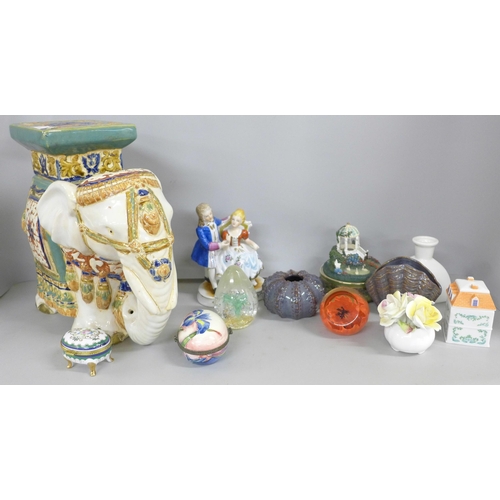 2331 - Two boxes of mixed china and glass; a ceramic elephant seat, figures, ceramic boxes, resin animal fi... 