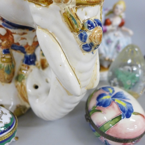 2331 - Two boxes of mixed china and glass; a ceramic elephant seat, figures, ceramic boxes, resin animal fi... 