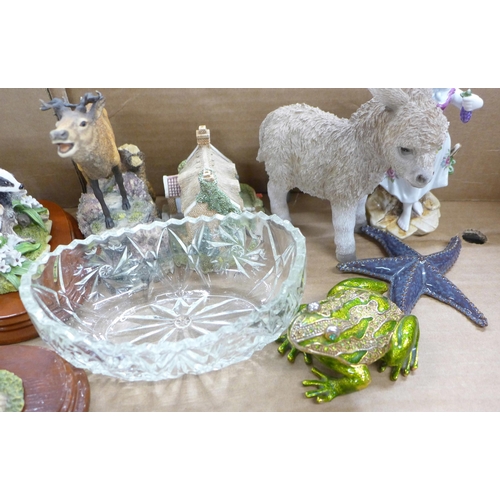 2331 - Two boxes of mixed china and glass; a ceramic elephant seat, figures, ceramic boxes, resin animal fi... 