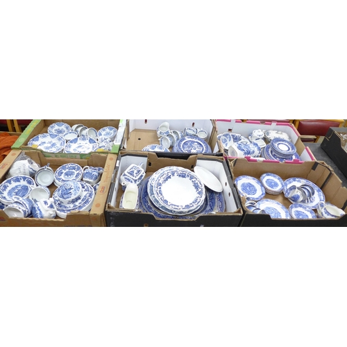 2332 - Six boxes of blue and white china including Willow pattern serving plates, Ridgways Willow pattern t... 