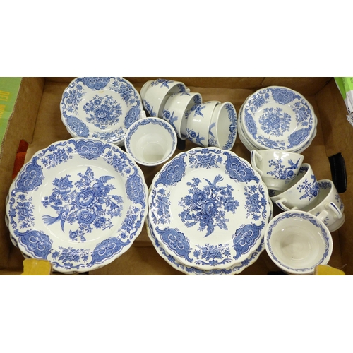 2332 - Six boxes of blue and white china including Willow pattern serving plates, Ridgways Willow pattern t... 