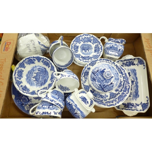 2332 - Six boxes of blue and white china including Willow pattern serving plates, Ridgways Willow pattern t... 