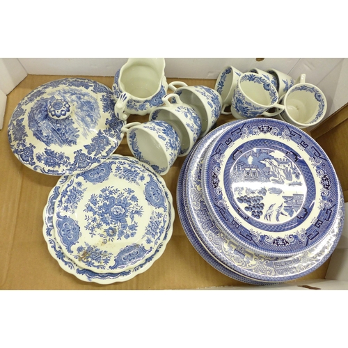 2332 - Six boxes of blue and white china including Willow pattern serving plates, Ridgways Willow pattern t... 