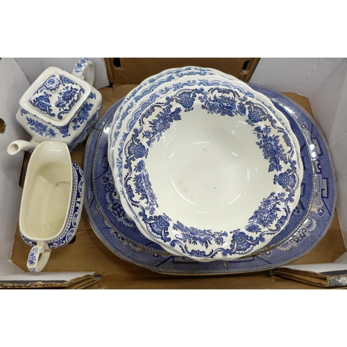 2332 - Six boxes of blue and white china including Willow pattern serving plates, Ridgways Willow pattern t... 