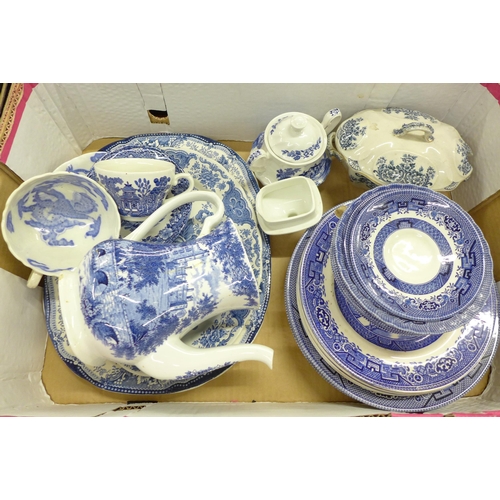 2332 - Six boxes of blue and white china including Willow pattern serving plates, Ridgways Willow pattern t... 