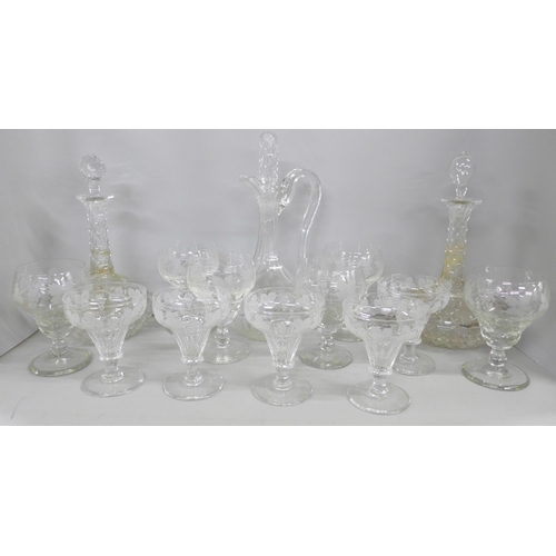 2333 - Glass; a set of six 19th century grape and vine wine glasses, five champagne glasses and a pair of d... 