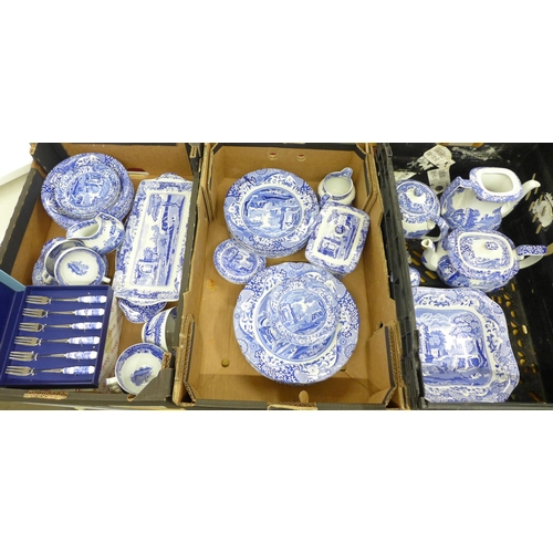 2338 - Three boxes of Copeland Spode Italian blue and white china, two teapots and coffee pots, a set of fo... 